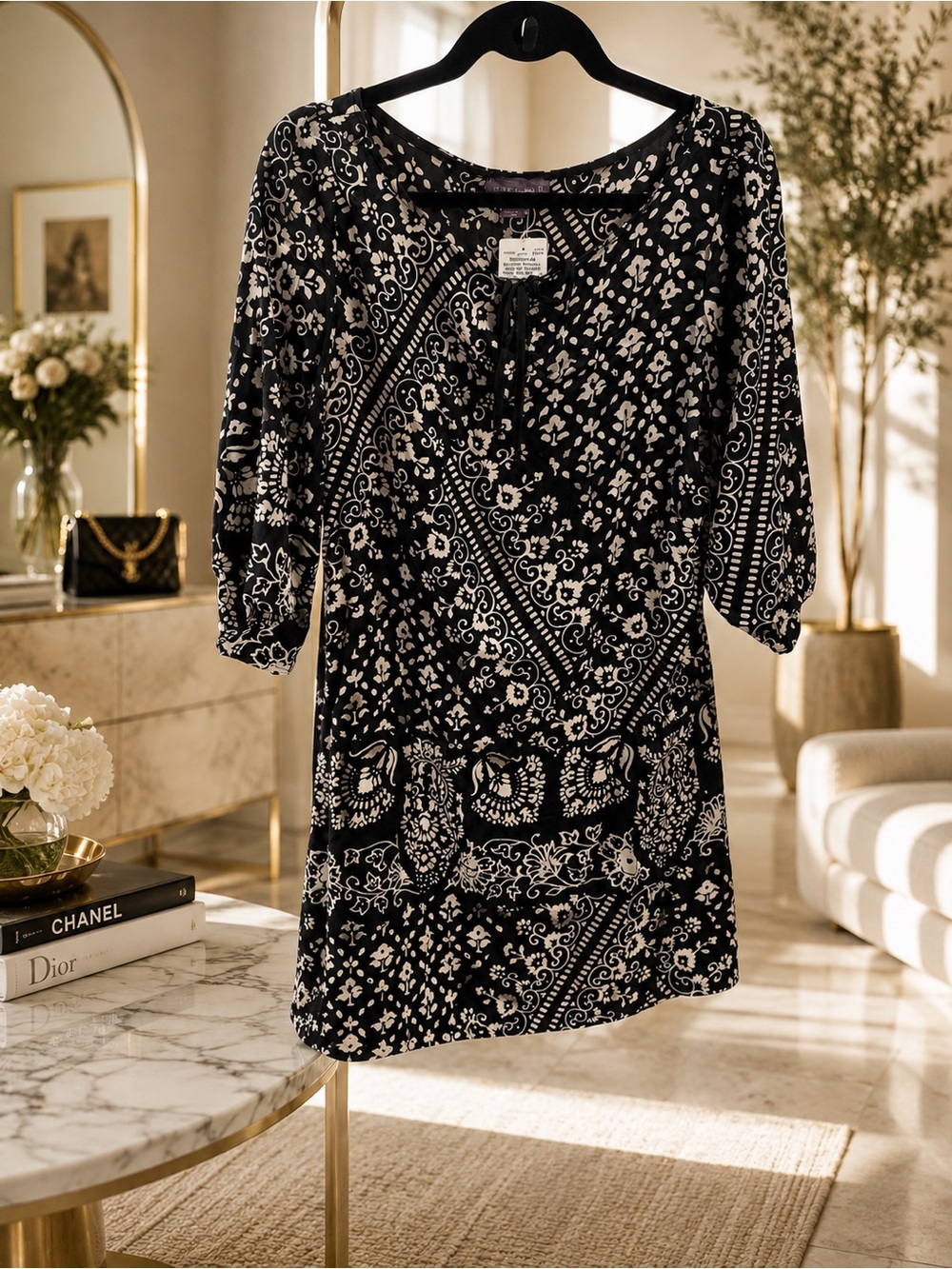 New Silk Black and White Paisley Print Women's Dress